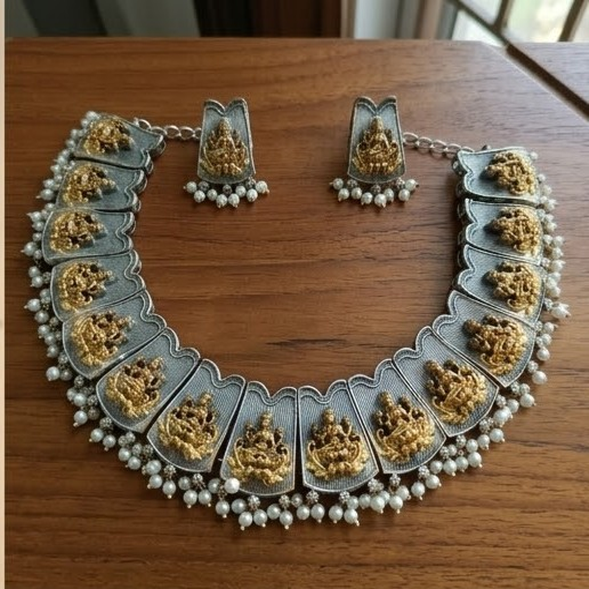 DIVYORO TRADITIONAL GOLD-TONE DEITY MOTIF NECKLACE SET WITH PEARL DROPS