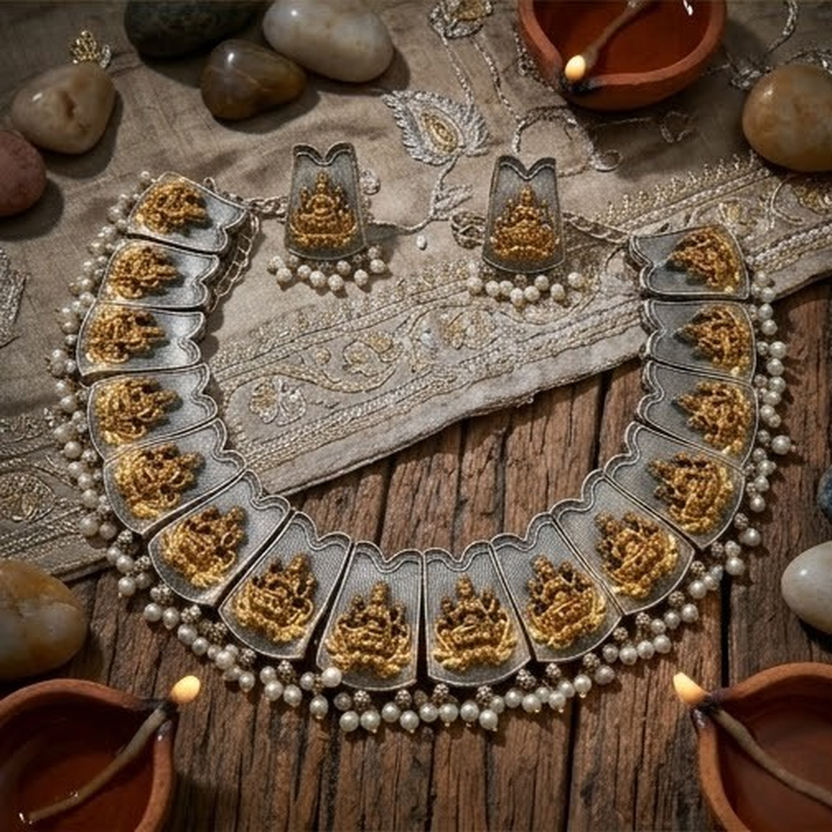 DIVYORO TRADITIONAL GOLD-TONE DEITY MOTIF NECKLACE SET WITH PEARL DROPS