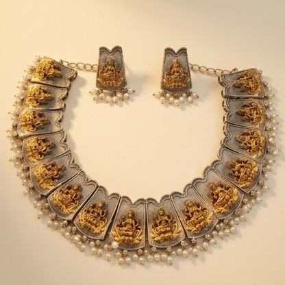 DIVYORO TRADITIONAL GOLD-TONE DEITY MOTIF NECKLACE SET WITH PEARL DROPS