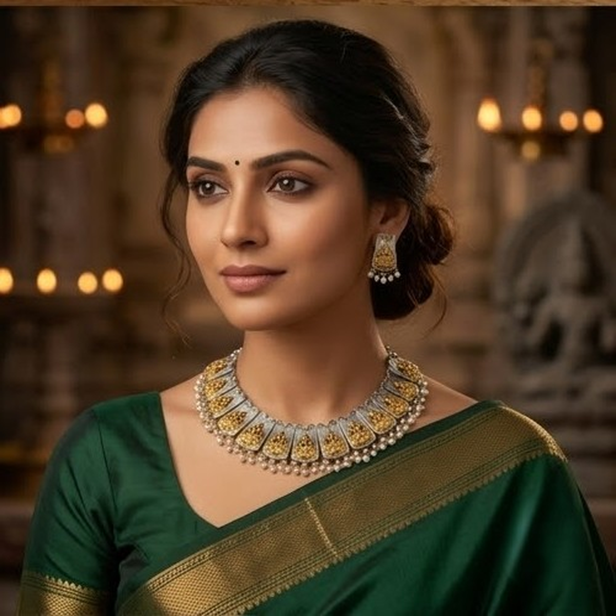DIVYORO TRADITIONAL GOLD-TONE DEITY MOTIF NECKLACE SET WITH PEARL DROPS