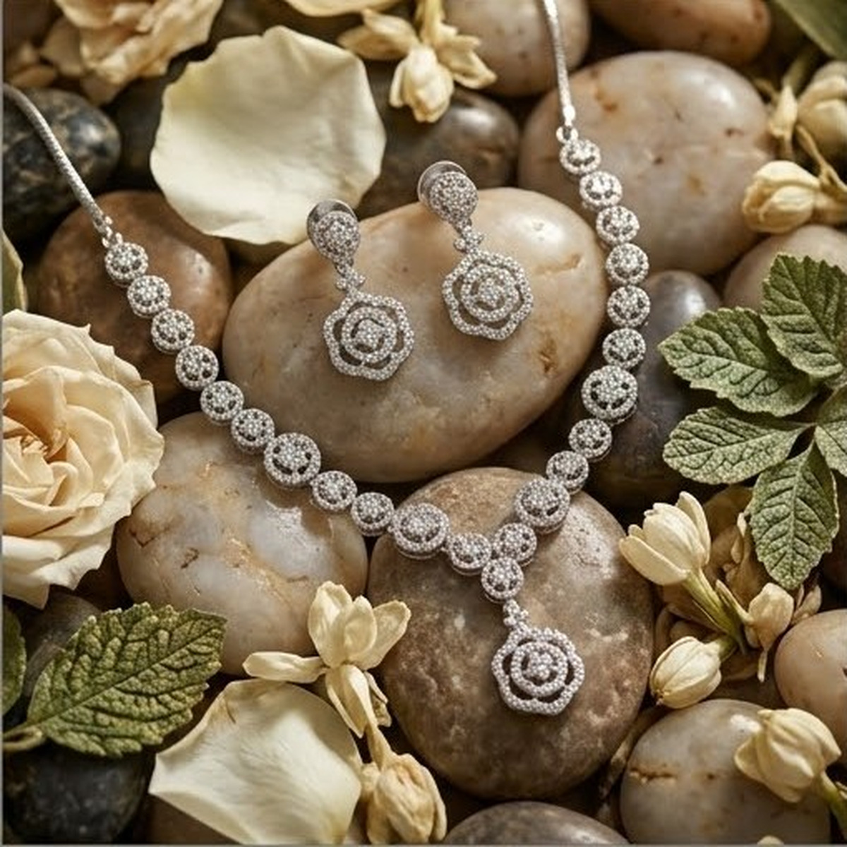 DIVYORO ELEGANT OXIDIZED SILVER FLORAL CRYSTAL CHOKER SET