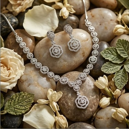 DIVYORO ELEGANT OXIDIZED SILVER FLORAL CRYSTAL CHOKER SET
