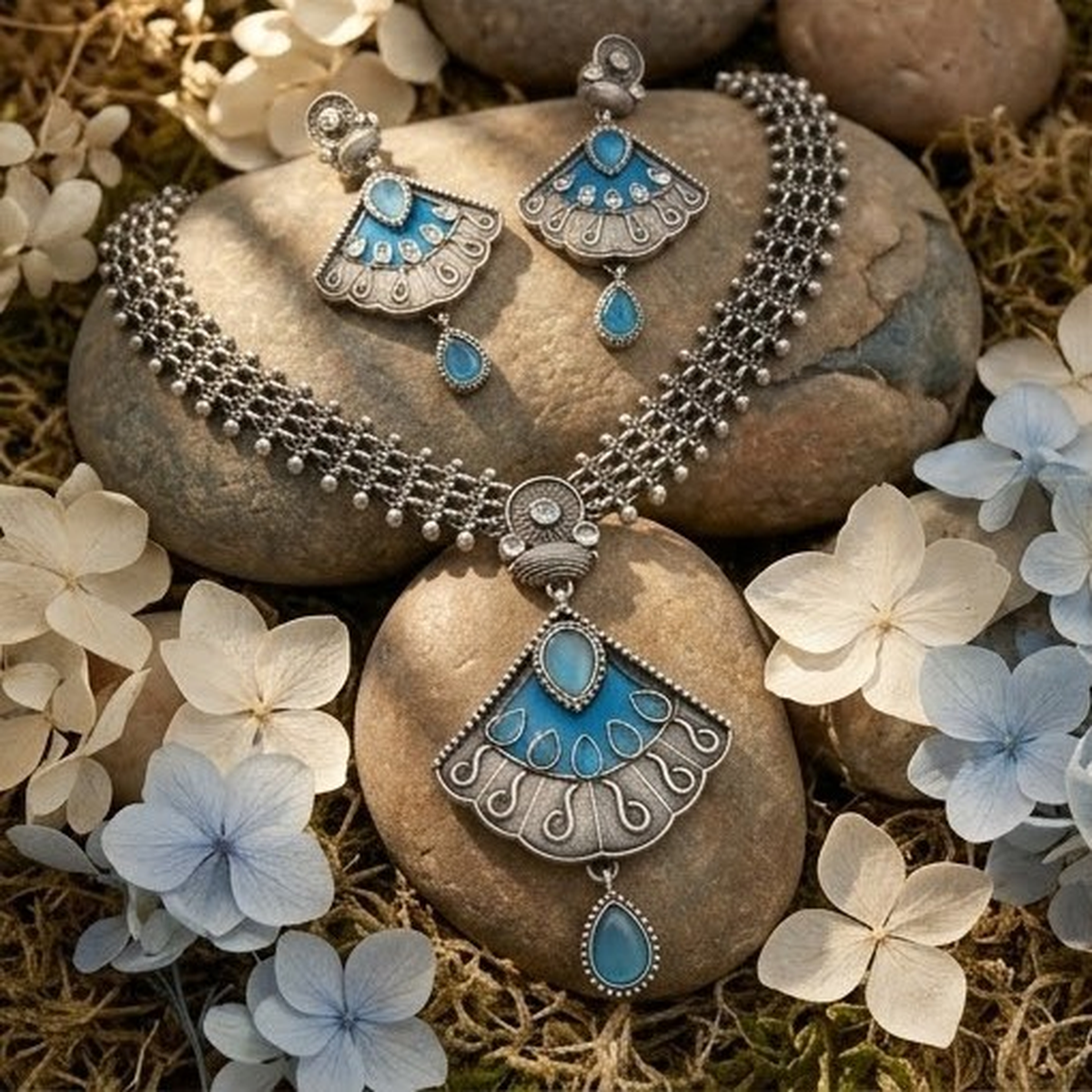 DIVYORO GEOMETRIC BLUE STONE FAN-PATTERNED NECKLACE SET