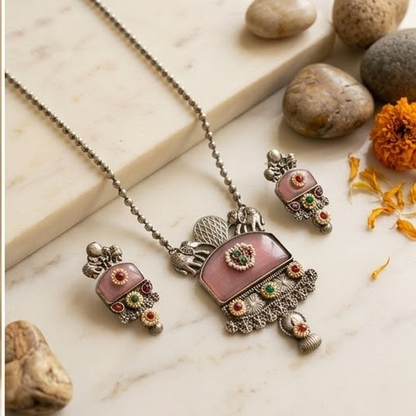 DIVYORO OXIDIZED SILVER ELEPHANT AND FLORAL STONE PENDANT SET