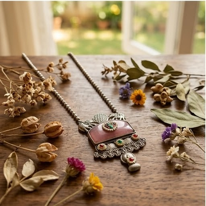 DIVYORO OXIDIZED SILVER ELEPHANT AND FLORAL STONE PENDANT SET