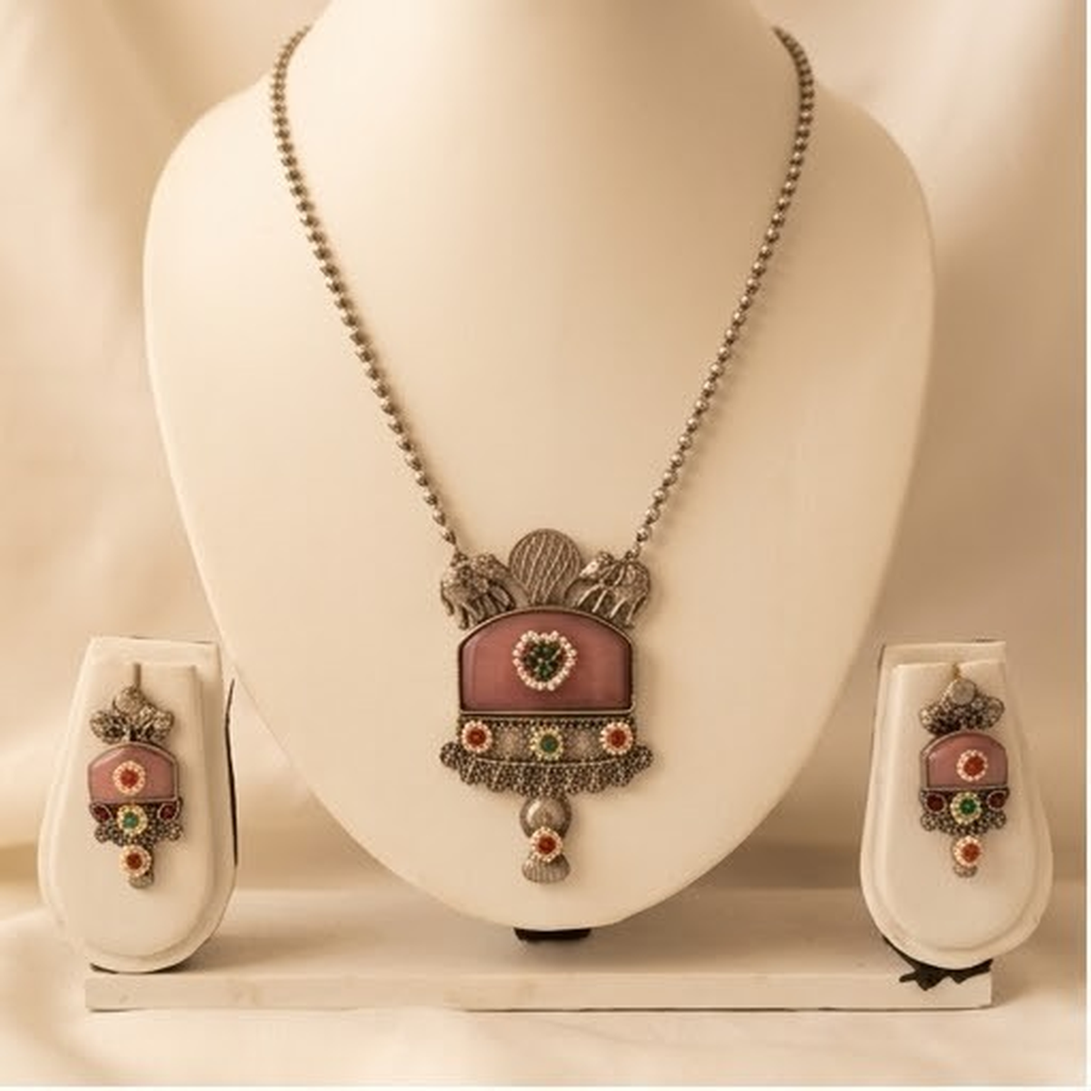 DIVYORO OXIDIZED SILVER ELEPHANT AND FLORAL STONE PENDANT SET