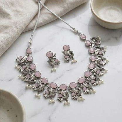 DIVYORO PASTEL PINK BIRD-THEMED ARTISAN NECKLACE SET