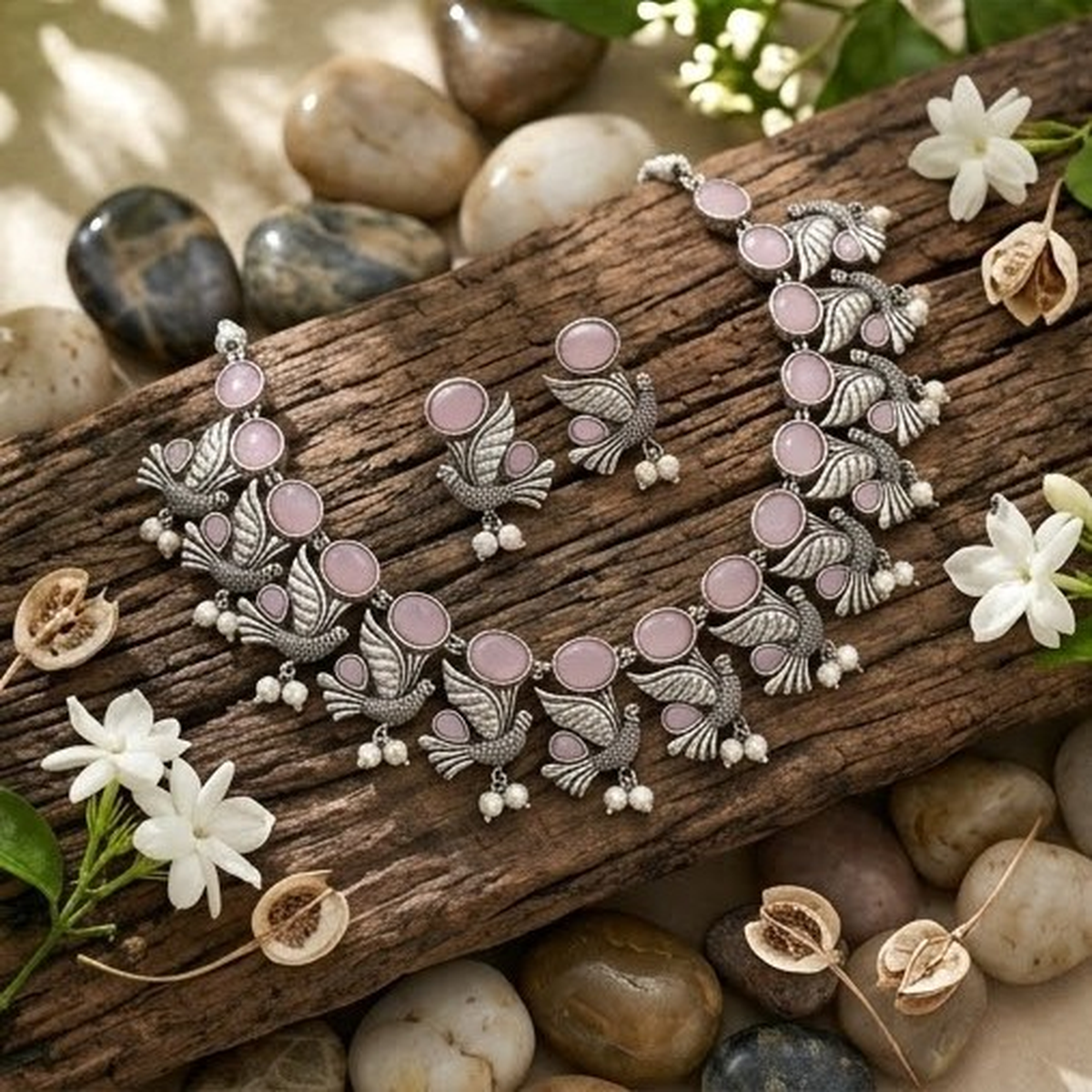 DIVYORO PASTEL PINK BIRD-THEMED ARTISAN NECKLACE SET