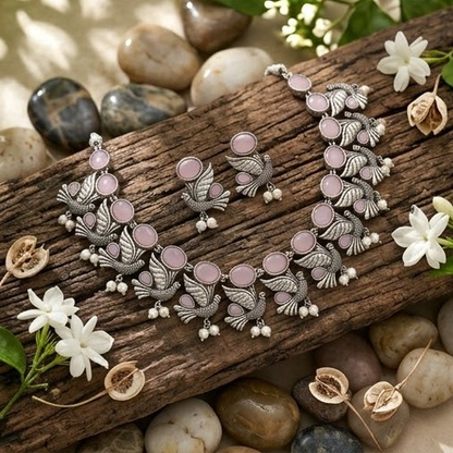 DIVYORO PASTEL PINK BIRD-THEMED ARTISAN NECKLACE SET