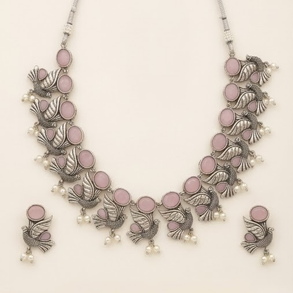 DIVYORO PASTEL PINK BIRD-THEMED ARTISAN NECKLACE SET