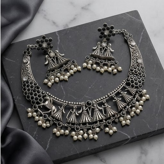 DIVYORO OXIDIZED SILVER FOLK DANCE MOTIF CHOKER SET