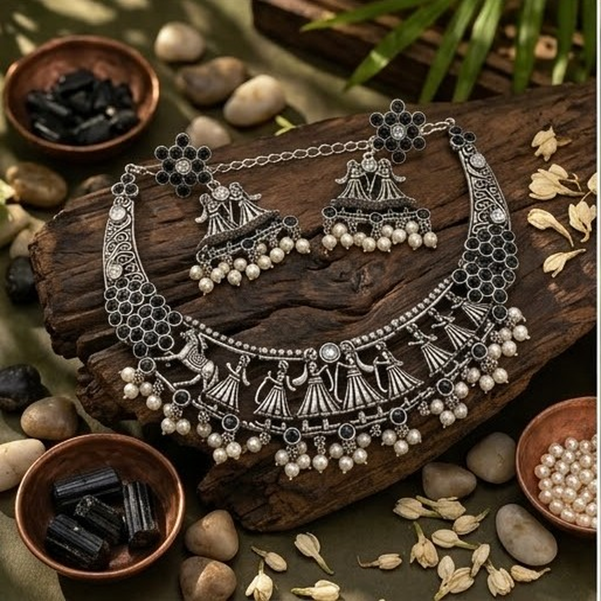 DIVYORO OXIDIZED SILVER FOLK DANCE MOTIF CHOKER SET