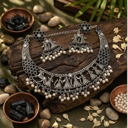 DIVYORO OXIDIZED SILVER FOLK DANCE MOTIF CHOKER SET