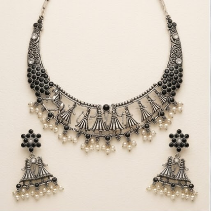 DIVYORO OXIDIZED SILVER FOLK DANCE MOTIF CHOKER SET