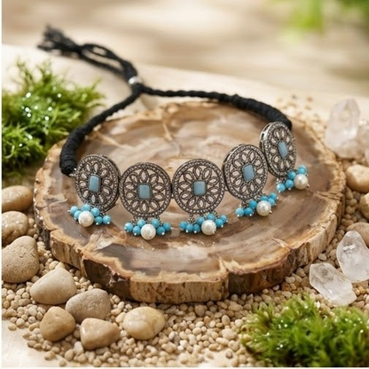 DIVYORO TRADITIONAL CIRCULAR MOTIF BLUE STONE CHOKER
