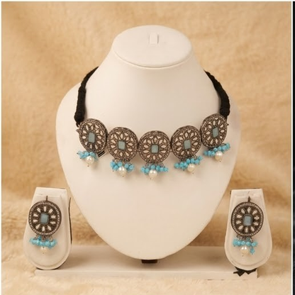 DIVYORO TRADITIONAL CIRCULAR MOTIF BLUE STONE CHOKER