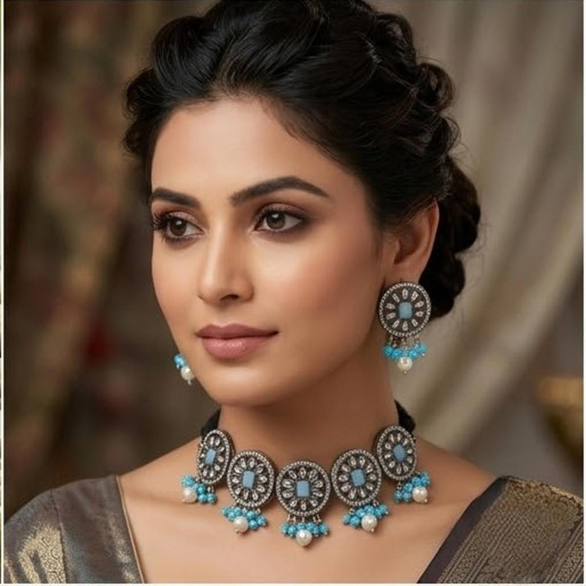 DIVYORO TRADITIONAL CIRCULAR MOTIF BLUE STONE CHOKER