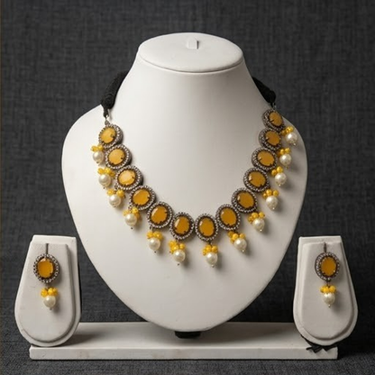 DIVYORO YELLOW STONE OVAL-LINK ETHNIC NECKLACE SET