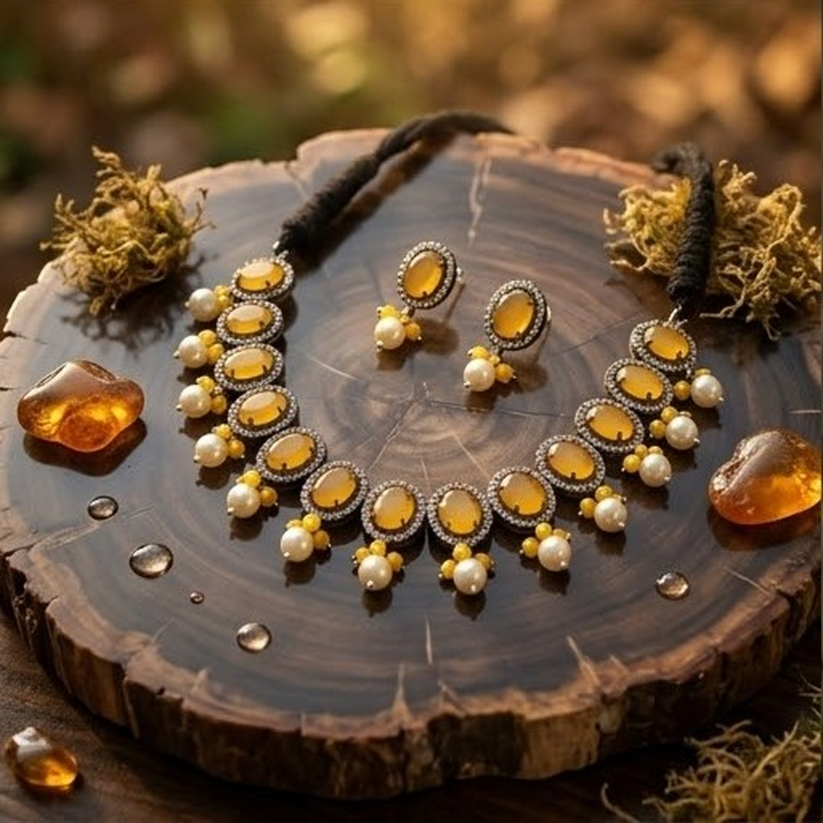 DIVYORO YELLOW STONE OVAL-LINK ETHNIC NECKLACE SET