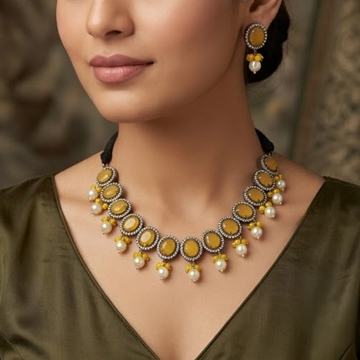 DIVYORO YELLOW STONE OVAL-LINK ETHNIC NECKLACE SET