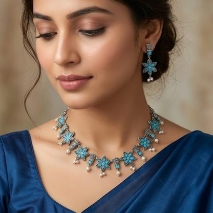 DIVYORO FLORAL BLUE STONE STATEMENT CHOKER SET