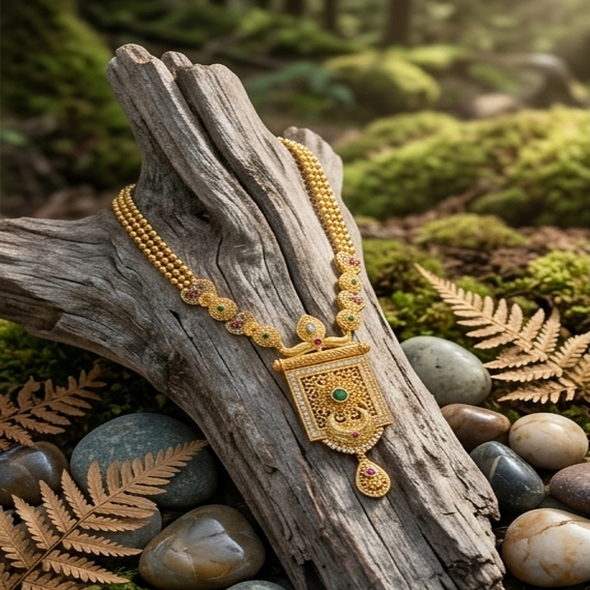 DIVYORO FILIGREE RECTANGULAR PENDANT NECKLACE WITH GREEN AND RUBY ACCENTS