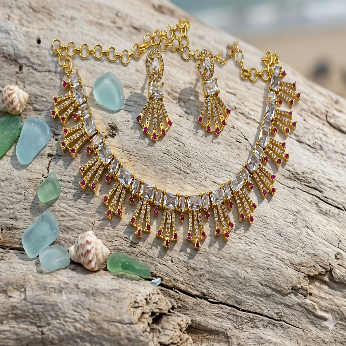 DIVYORO RADIANT WHITE STONE FAN-PATTERN NECKLACE SET
