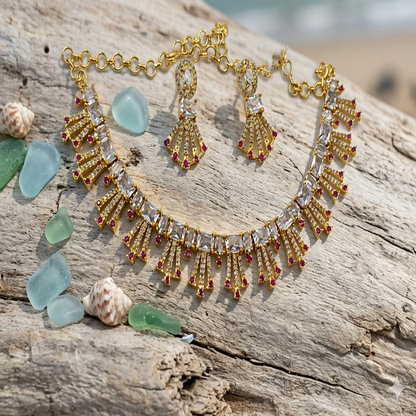 DIVYORO RADIANT WHITE STONE FAN-PATTERN NECKLACE SET