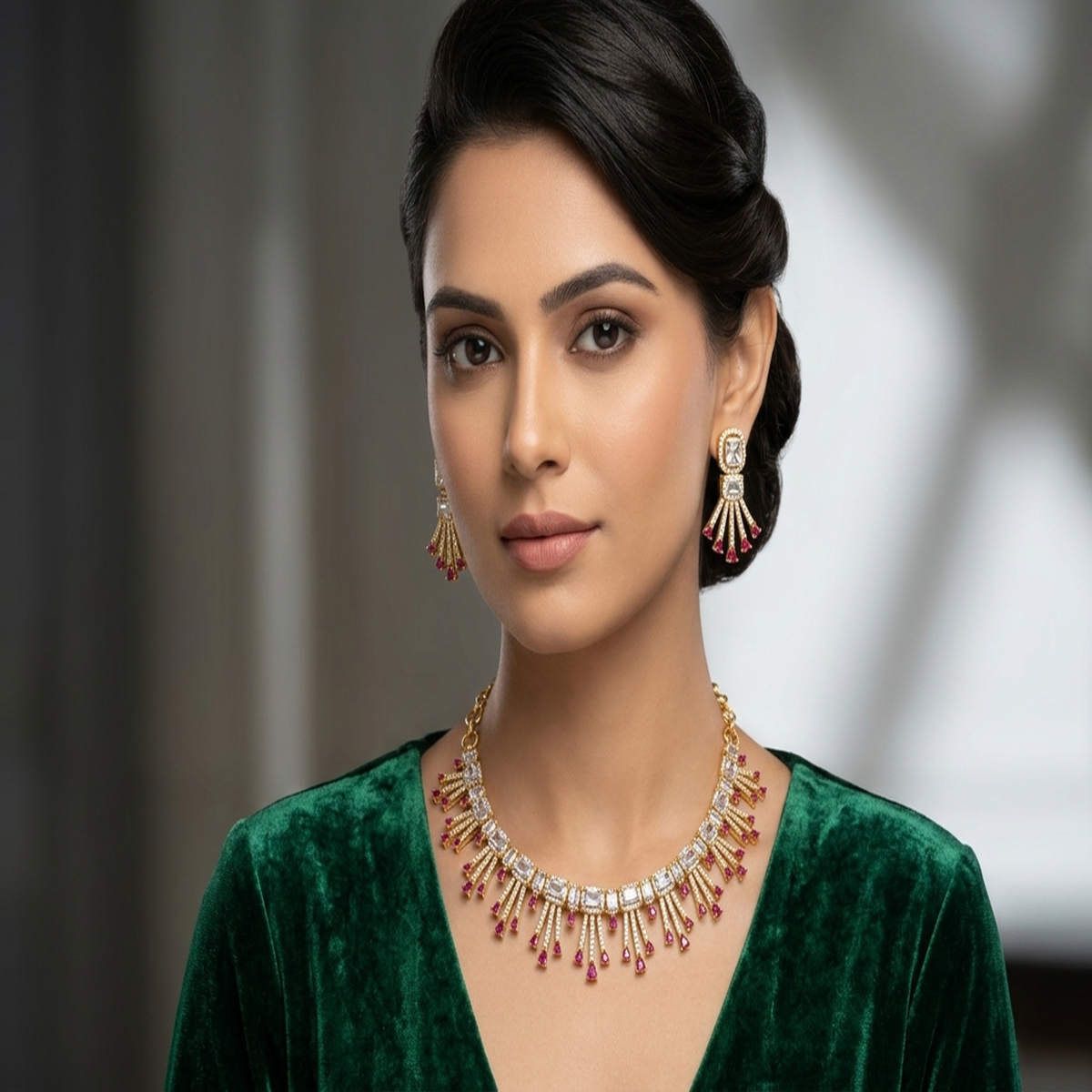 DIVYORO RADIANT WHITE STONE FAN-PATTERN NECKLACE SET