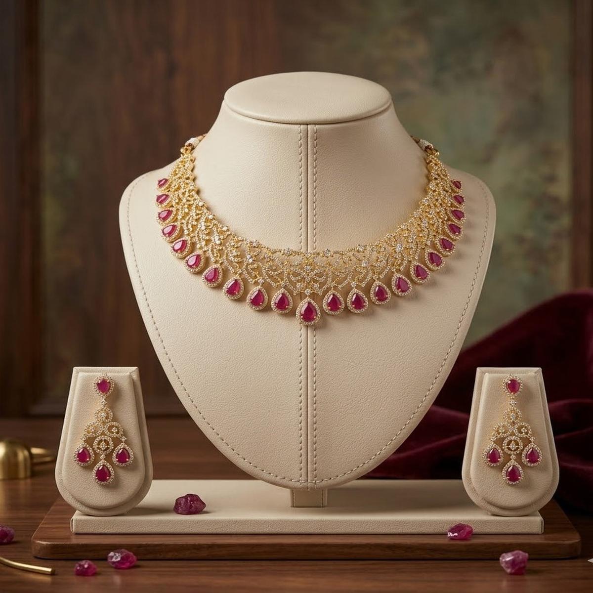 DIVYORO ELEGANT RUBY TEARDROP GOLD-PLATED NECKLACE SET