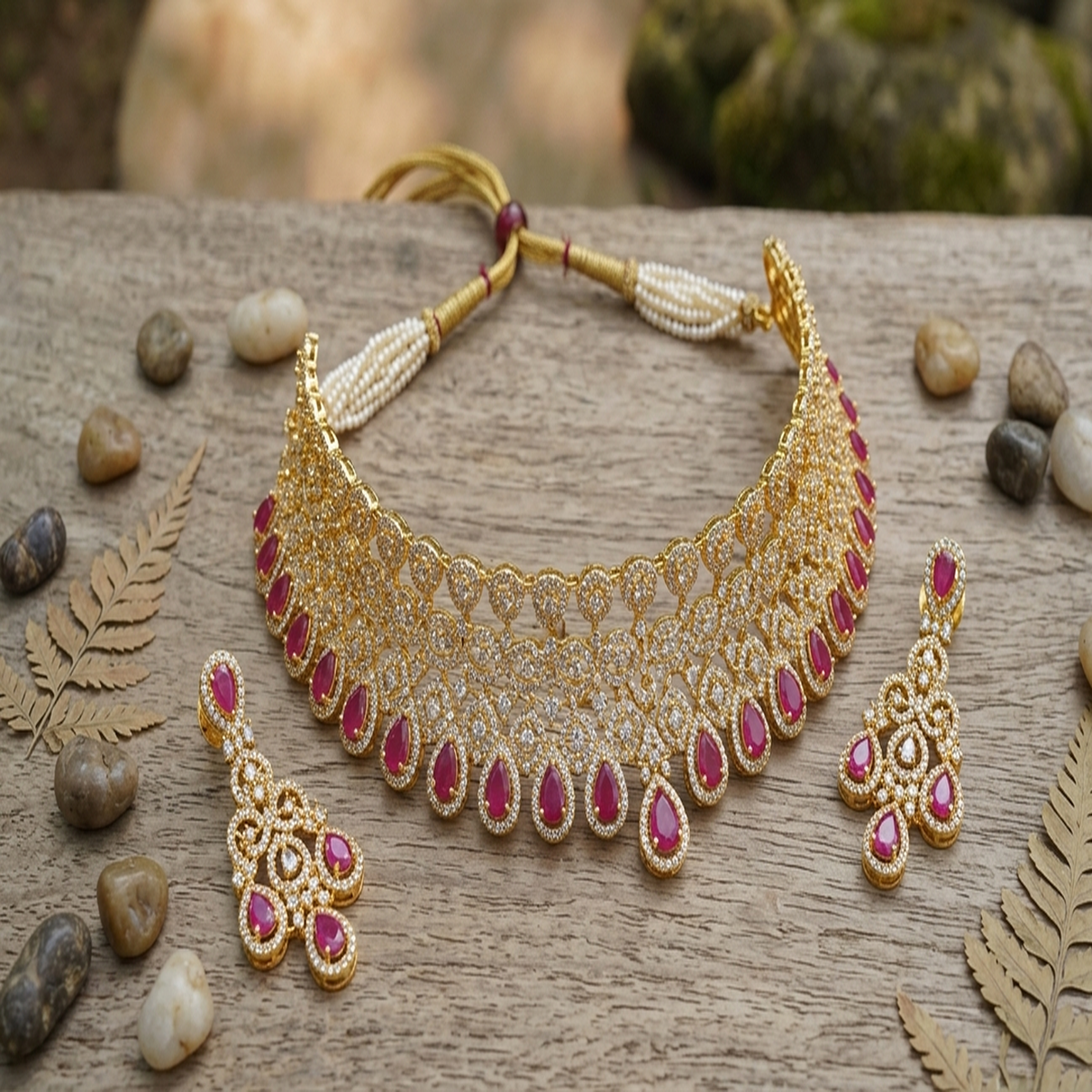 DIVYORO ELEGANT RUBY TEARDROP GOLD-PLATED NECKLACE SET