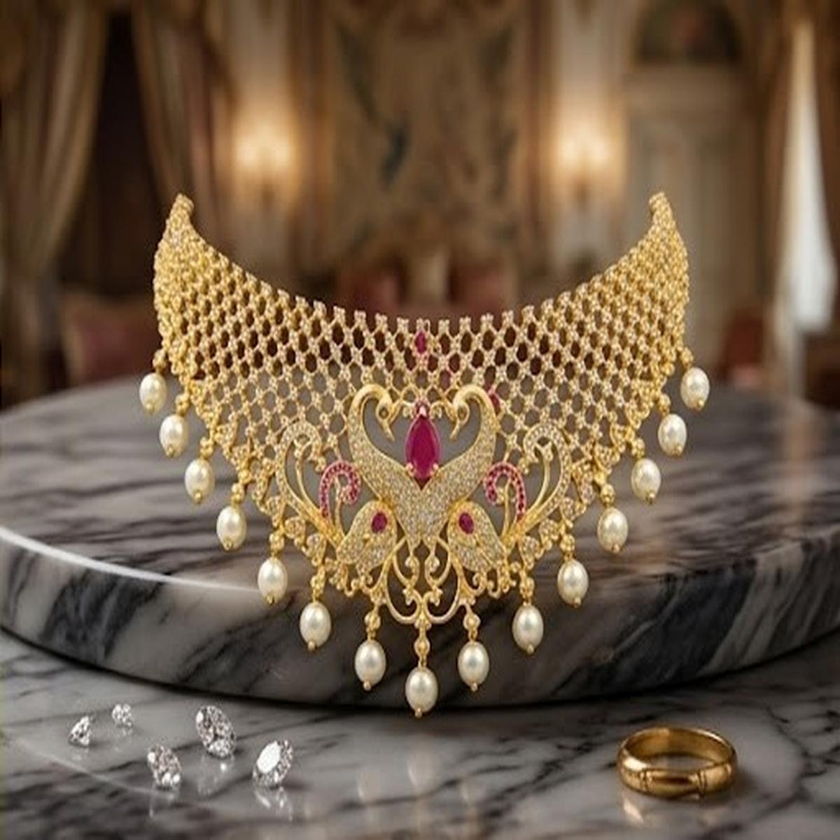 DIVYORO REGAL PEACOCK-DESIGNED PEARL AND STONE EMBELLISHED NECKLACE SET