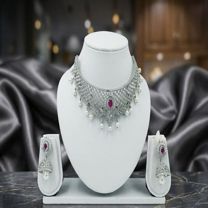 DIVYORO ELEGANT SILVER-TONED KUNDAN CHOKER SET WITH PEARL DROPS AND RUBY ACCENTS