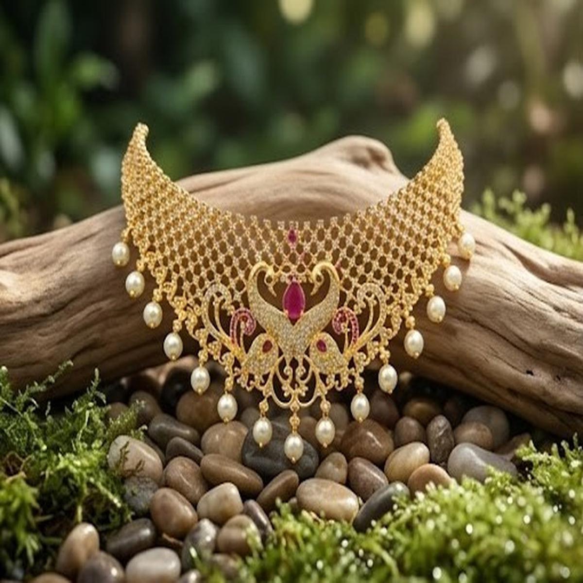 DIVYORO REGAL PEACOCK-DESIGNED PEARL AND STONE EMBELLISHED NECKLACE SET