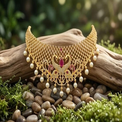 DIVYORO REGAL PEACOCK-DESIGNED PEARL AND STONE EMBELLISHED NECKLACE SET