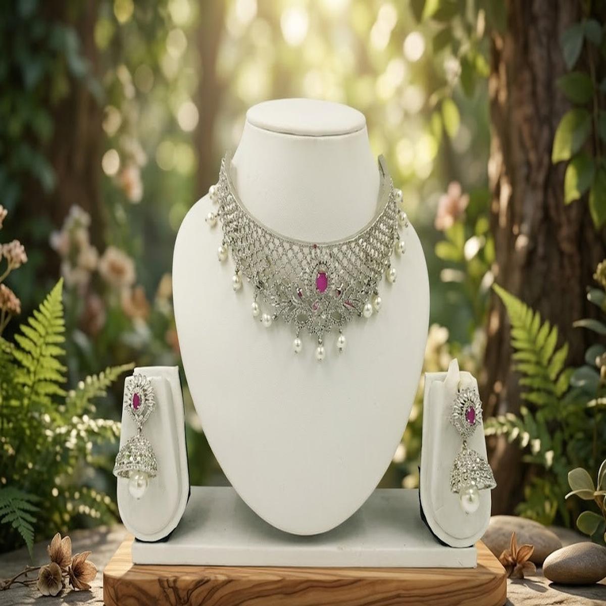 DIVYORO ELEGANT SILVER-TONED KUNDAN CHOKER SET WITH PEARL DROPS AND RUBY ACCENTS