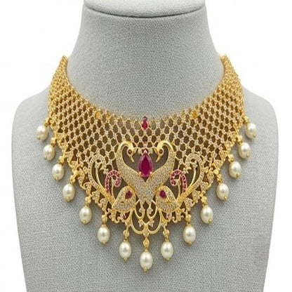 DIVYORO REGAL PEACOCK-DESIGNED PEARL AND STONE EMBELLISHED NECKLACE SET