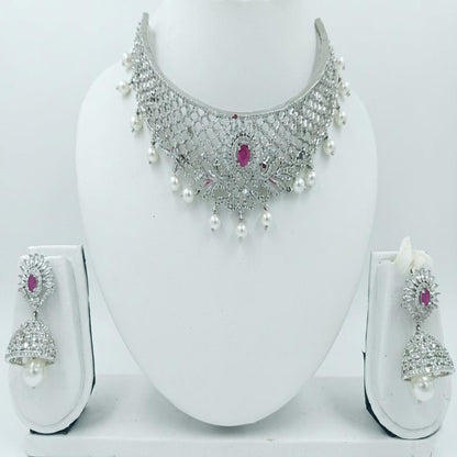 DIVYORO ELEGANT SILVER-TONED KUNDAN CHOKER SET WITH PEARL DROPS AND RUBY ACCENTS