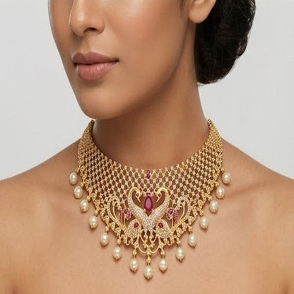 DIVYORO REGAL PEACOCK-DESIGNED PEARL AND STONE EMBELLISHED NECKLACE SET
