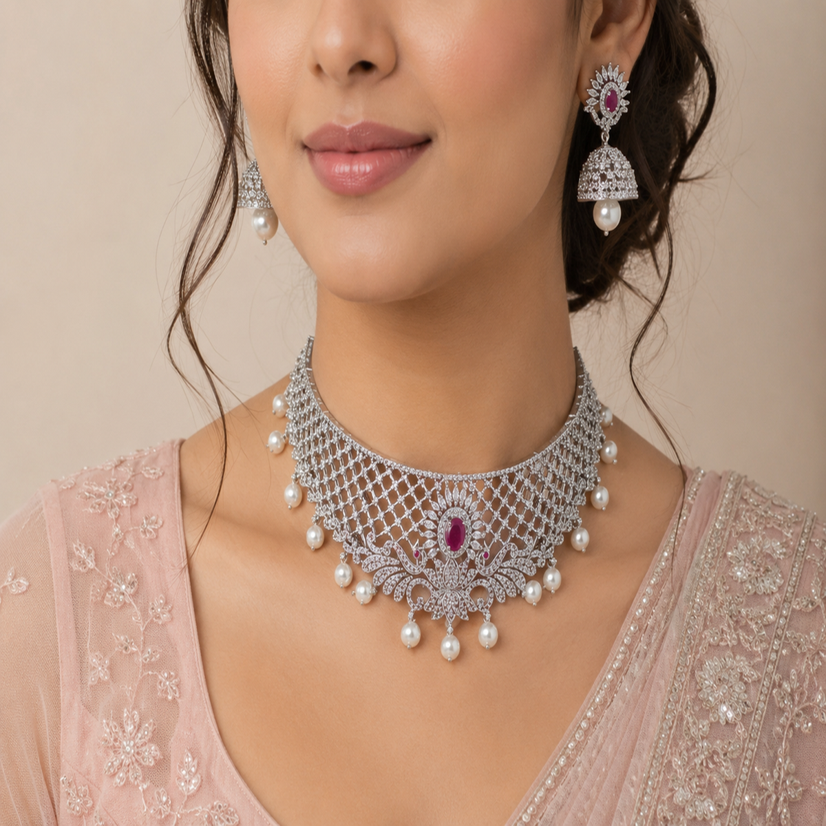 DIVYORO ELEGANT SILVER-TONED KUNDAN CHOKER SET WITH PEARL DROPS AND RUBY ACCENTS