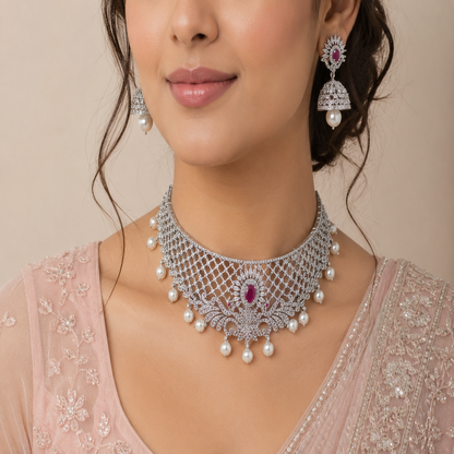 DIVYORO ELEGANT SILVER-TONED KUNDAN CHOKER SET WITH PEARL DROPS AND RUBY ACCENTS