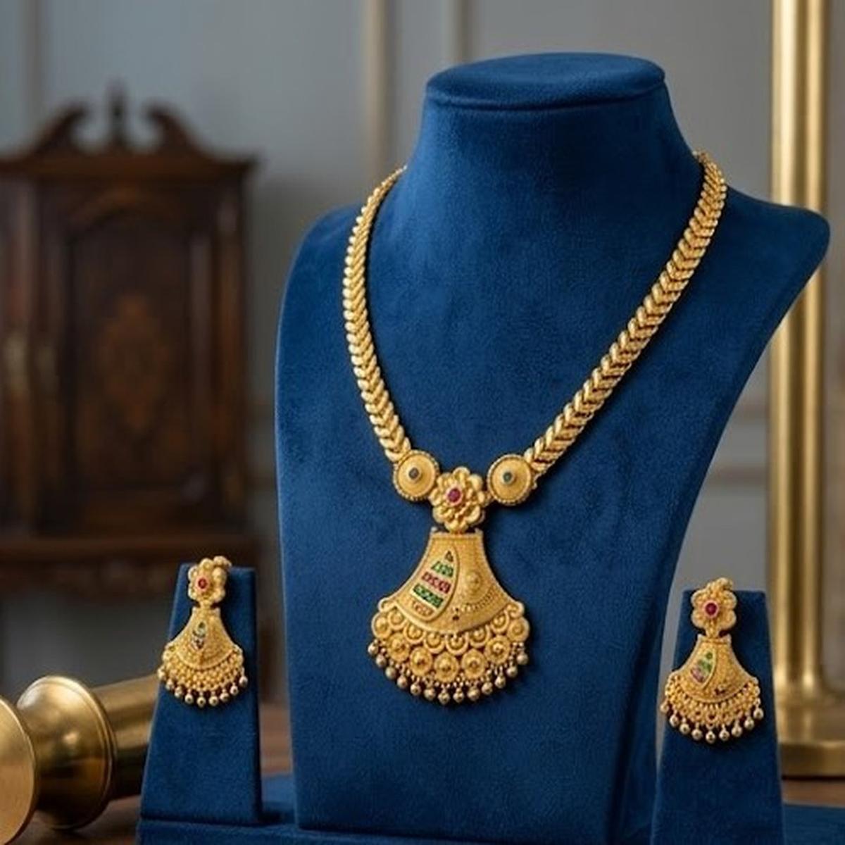 DIVYORO ETHNIC GOLD PENDANT NECKLACE WITH MULTI-COLORED STONE EMBELLISHMENTS