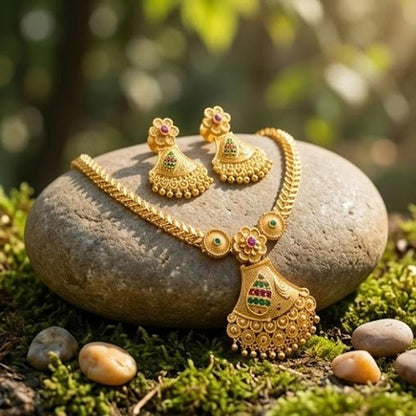 DIVYORO ETHNIC GOLD PENDANT NECKLACE WITH MULTI-COLORED STONE EMBELLISHMENTS