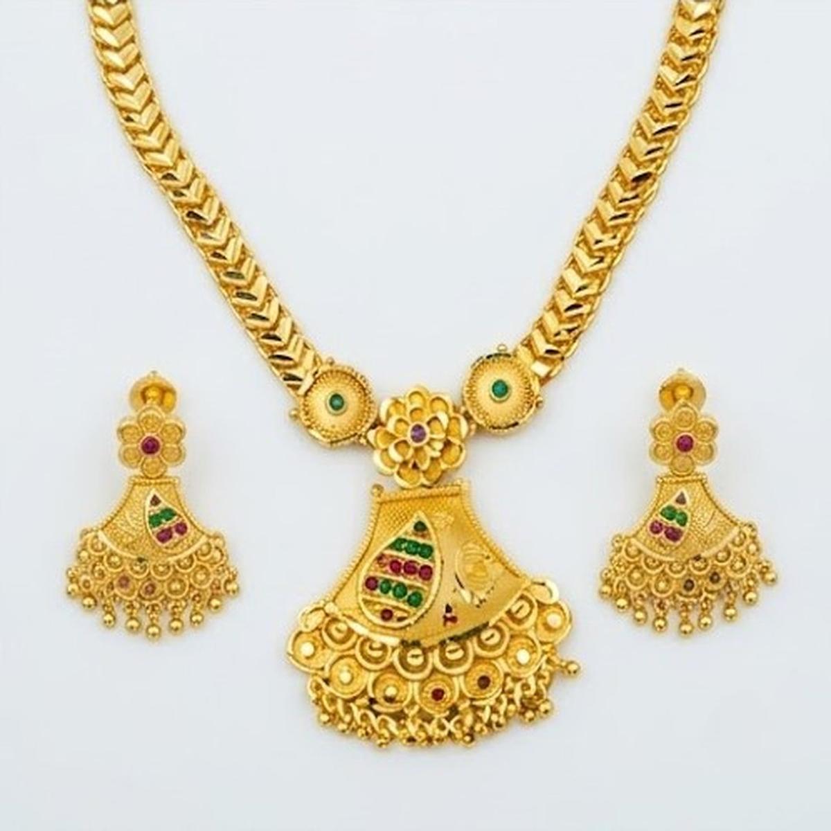 DIVYORO ETHNIC GOLD PENDANT NECKLACE WITH MULTI-COLORED STONE EMBELLISHMENTS