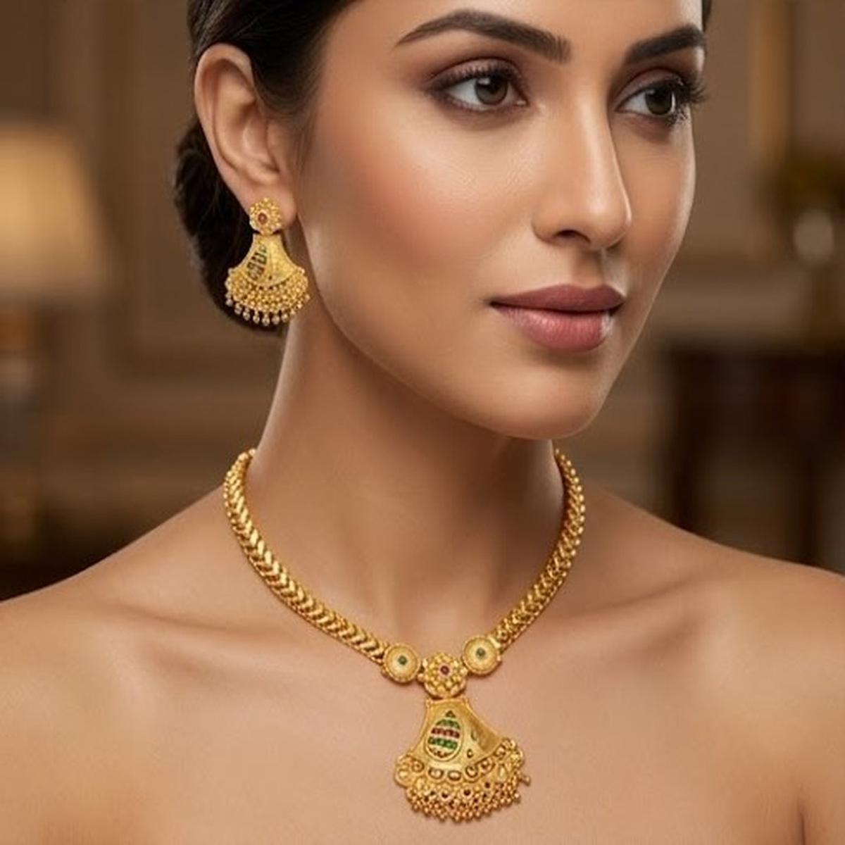 DIVYORO ETHNIC GOLD PENDANT NECKLACE WITH MULTI-COLORED STONE EMBELLISHMENTS