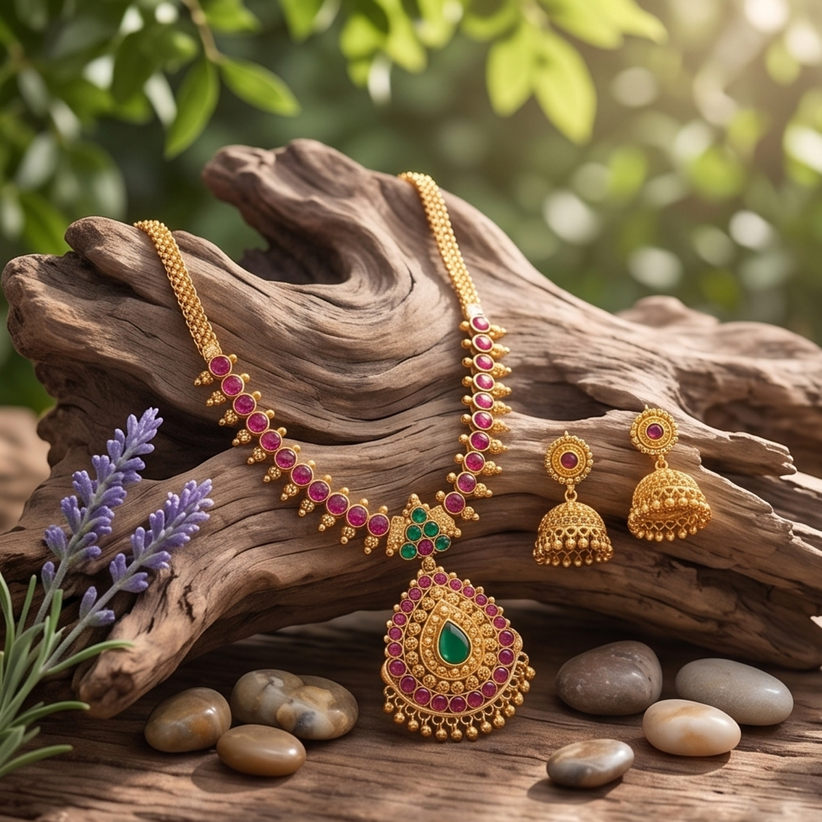DIVYORO RUBY EMERALD JHUMKA SET