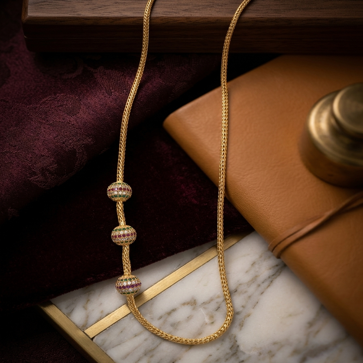 DIVYORO TRI-BALL RUBY EMERALD CHAIN