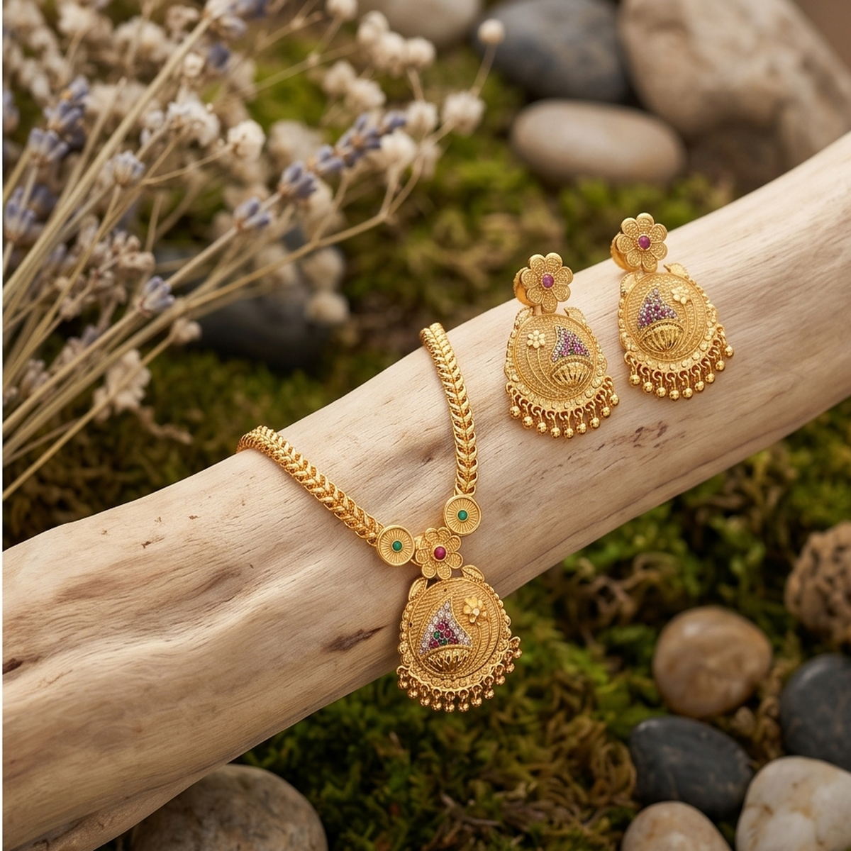 DIVYORO ORNATE STONE-EMBELLISHED PENDANT SET