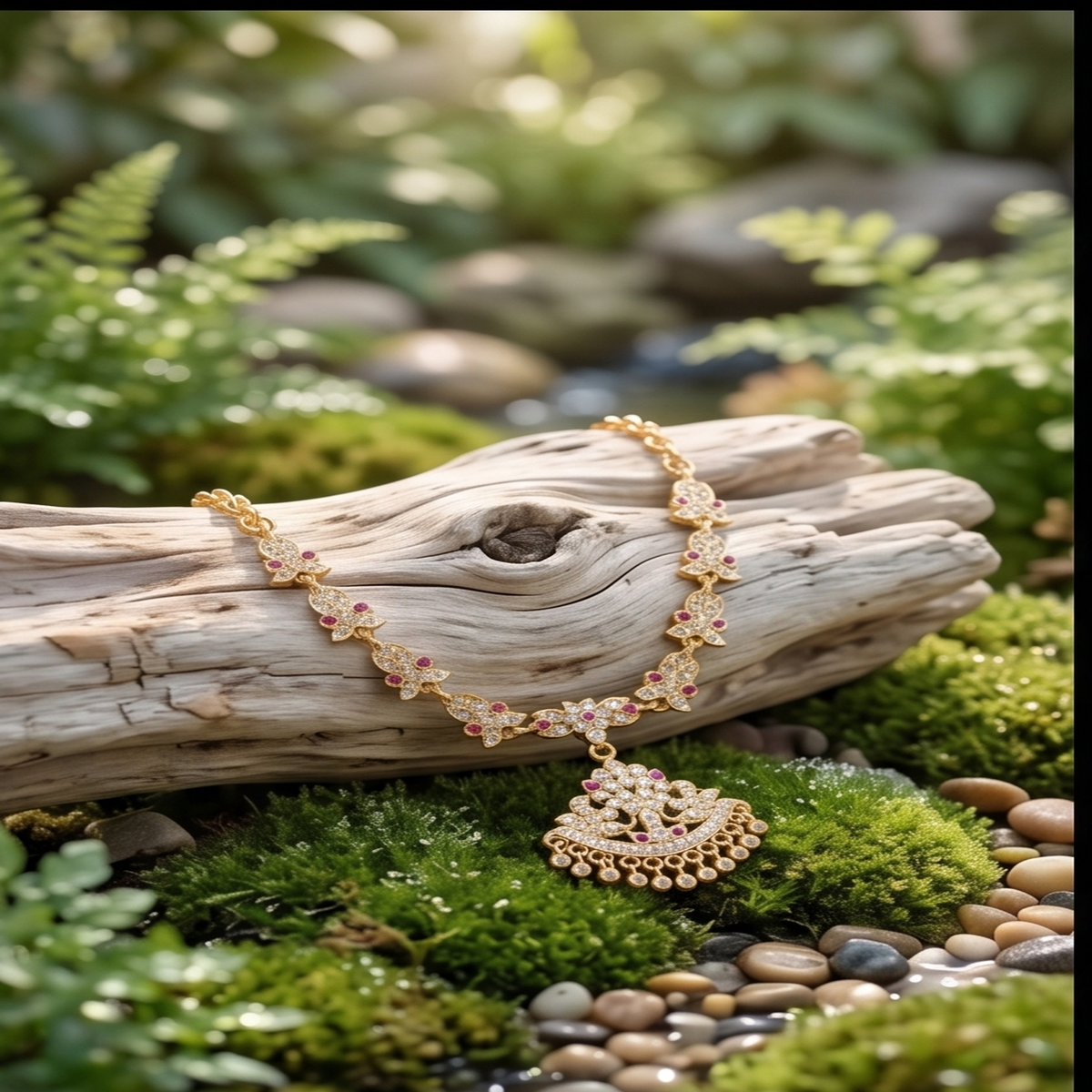 DIVYORO SPARKLING RUBY FLORAL NECKLACE