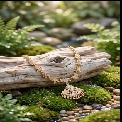 DIVYORO SPARKLING RUBY FLORAL NECKLACE